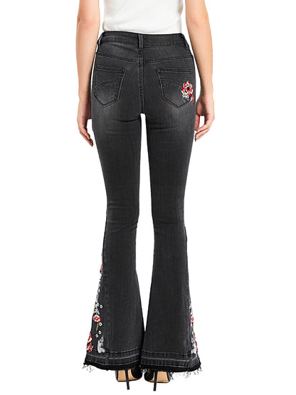 Floral Daisy Embroidered Mid Rise Bell Bottom Jeans