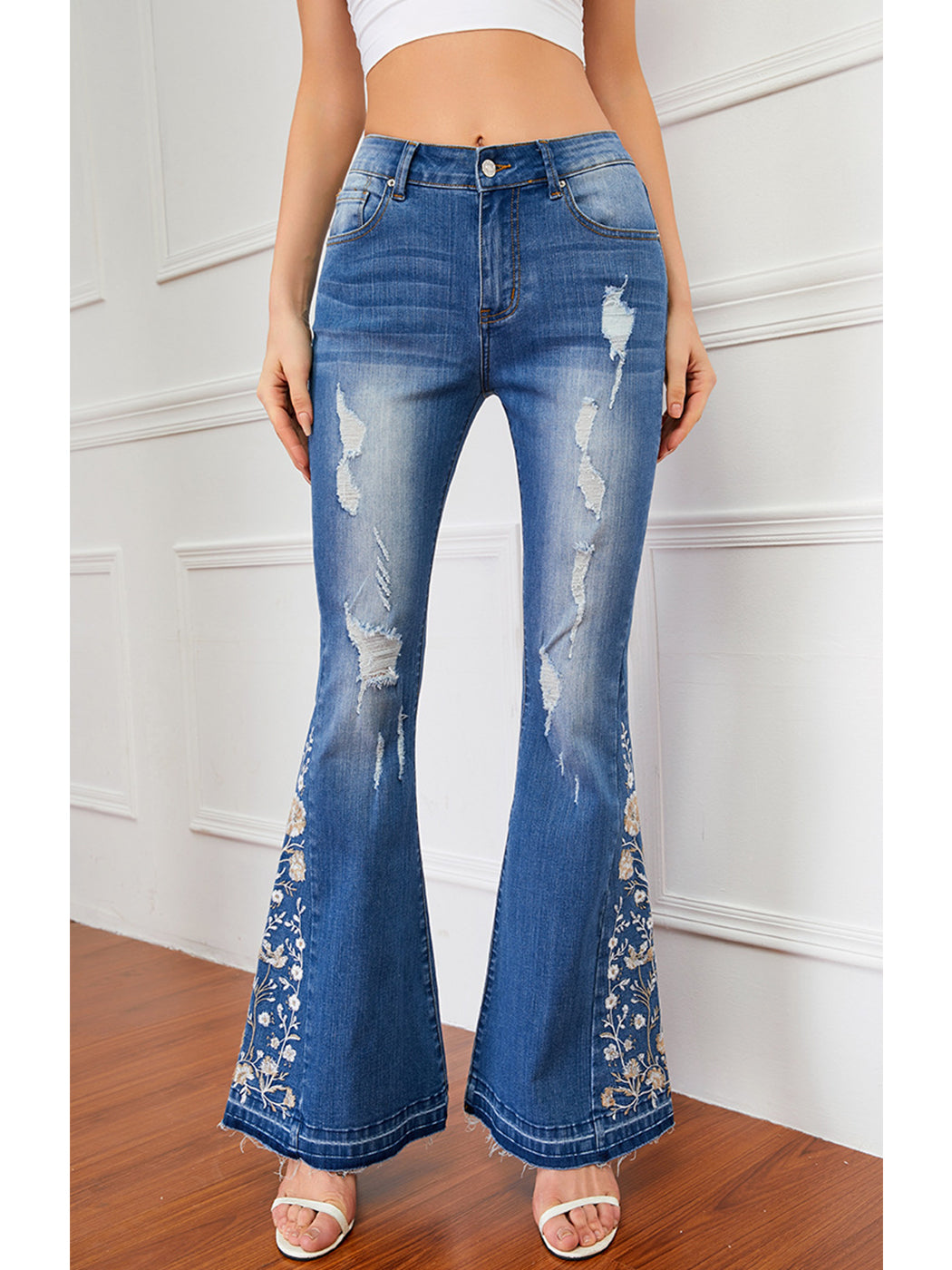 Floral Daisy Embroidered Mid Rise Bell Bottom Jeans