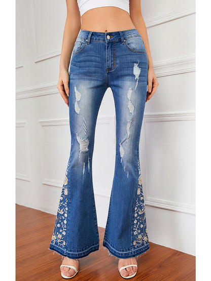 Floral Daisy Embroidered Mid Rise Bell Bottom Jeans