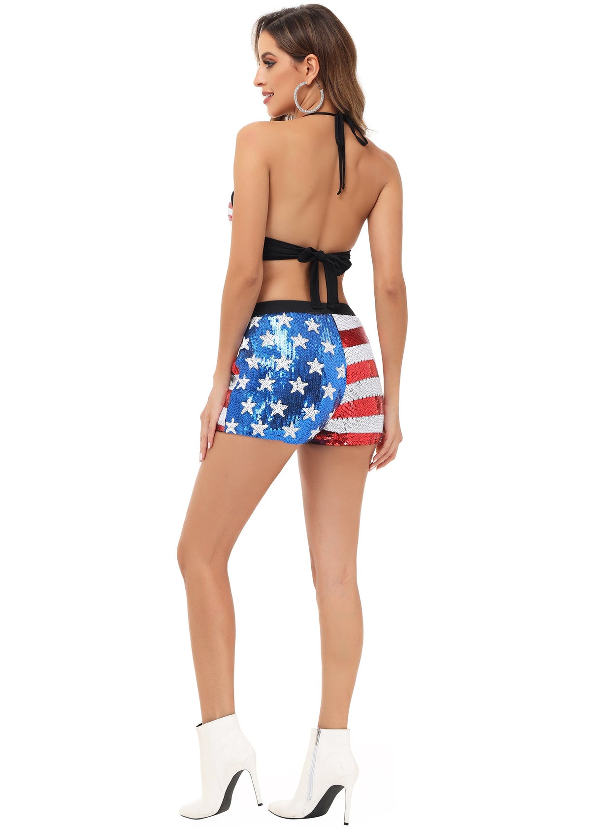 Anna-Kaci Womens 2 Piece July 4th Bikini Set USA Flag Sparkly Sequin Halter Top Shorts Sets