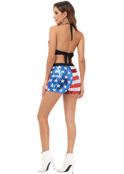 Anna-Kaci Womens 2 Piece July 4th Bikini Set USA Flag Sparkly Sequin Halter Top Shorts Sets