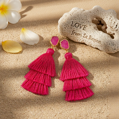 Rose Tri-Layered Tassel Drop Earrings