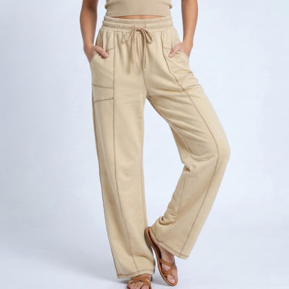 Anna-Kaci Women's High Rise Drawstring Wide Leg Utility Pants with Patch Pockets