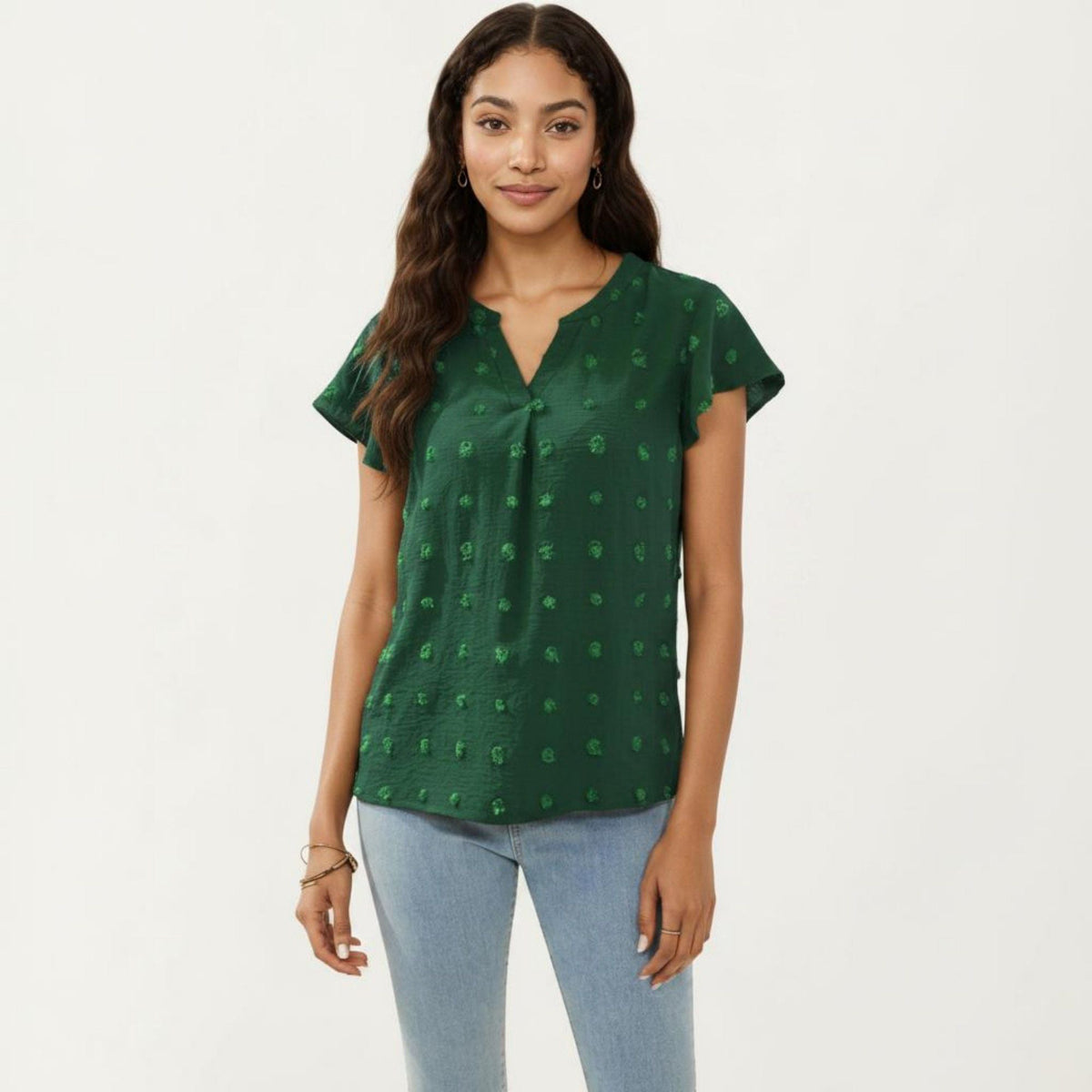 Anna-Kaci Women's Short Sleeve Swiss Dot Top with Split Neckline and Soft Textured Fabric