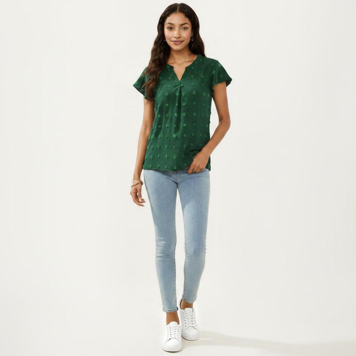 Anna-Kaci Women's Short Sleeve Swiss Dot Top with Split Neckline and Soft Textured Fabric