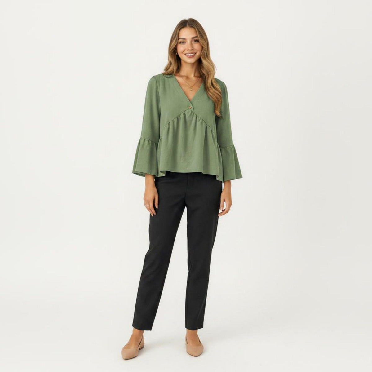 Anna-Kaci Women's V-Neck Bell Sleeve Peplum Blouse with Button Detail and Gathered Waist