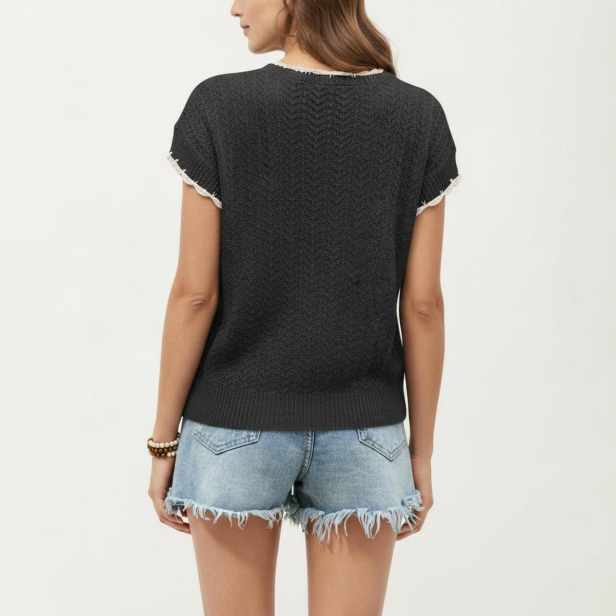 Anna-Kaci Women's Short Sleeve Knit Cardigan Top with V-Neck Tie Front and Contrast Trim