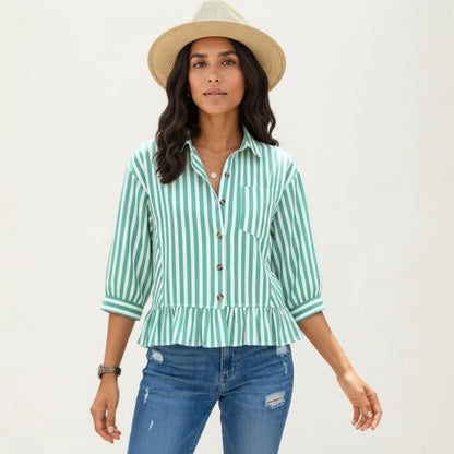 Anna-Kaci Women's Striped Button Down Blouse with Collar Three Quarter Sleeve Peplum Hem Pocket Detail Casual Shirt
