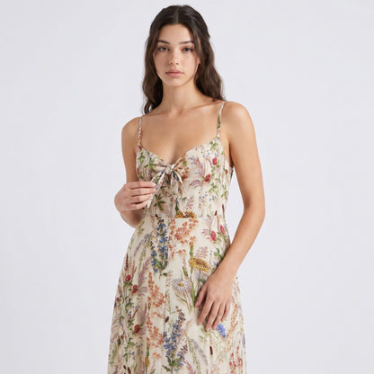 Anna-Kaci Women's Floral Print Tie Front Maxi Dress with Spaghetti Straps and Flowy Skirt