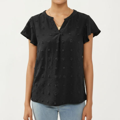 Anna-Kaci Women's Short Sleeve Swiss Dot Top with Split Neckline and Soft Textured Fabric