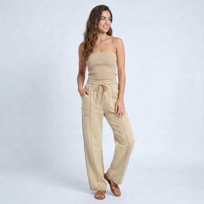 Anna-Kaci Women's High Rise Drawstring Wide Leg Utility Pants with Patch Pockets