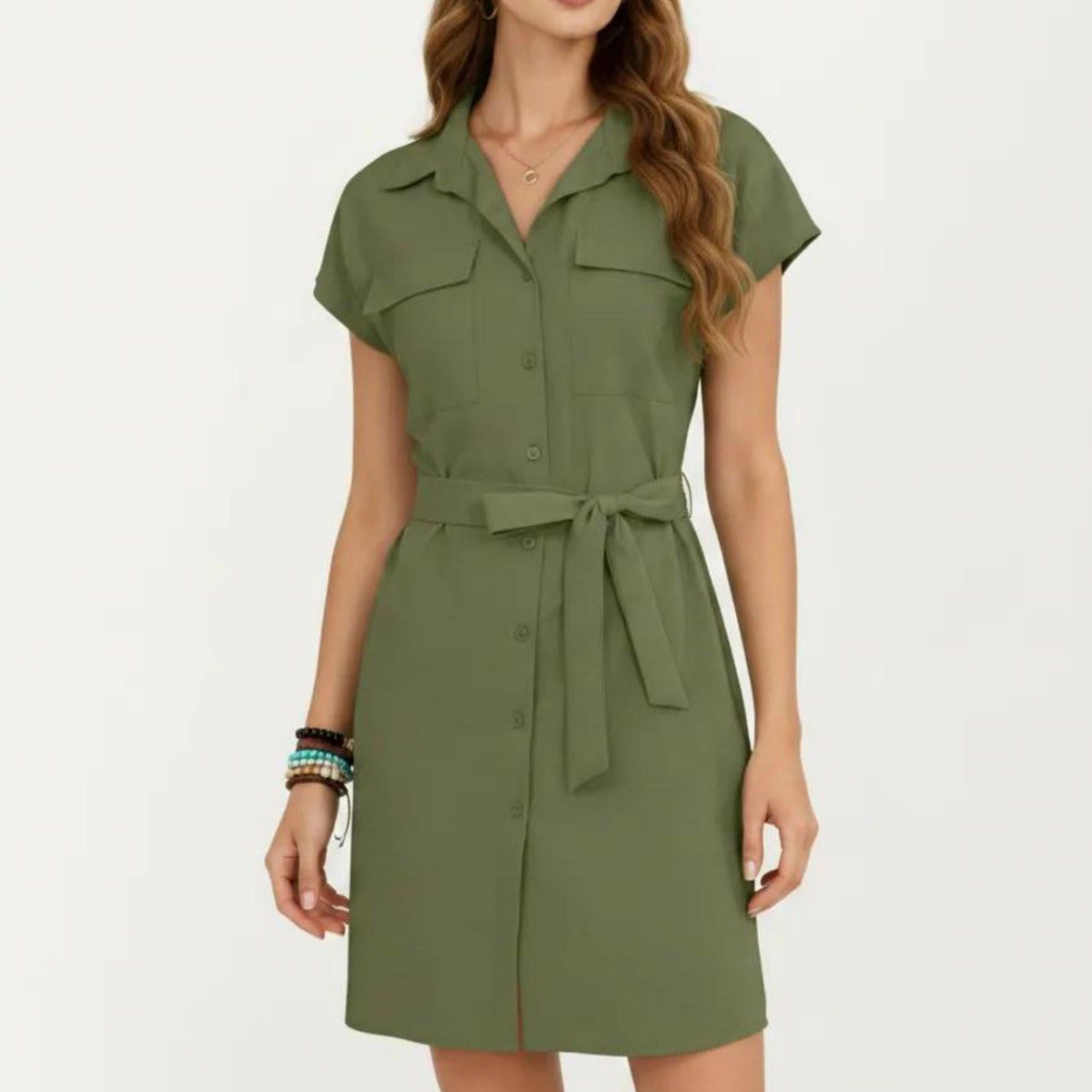 Anna-Kaci Women's Short Sleeve Button Front Shirt Dress with Collared Neckline and Adjustable Waist Tie