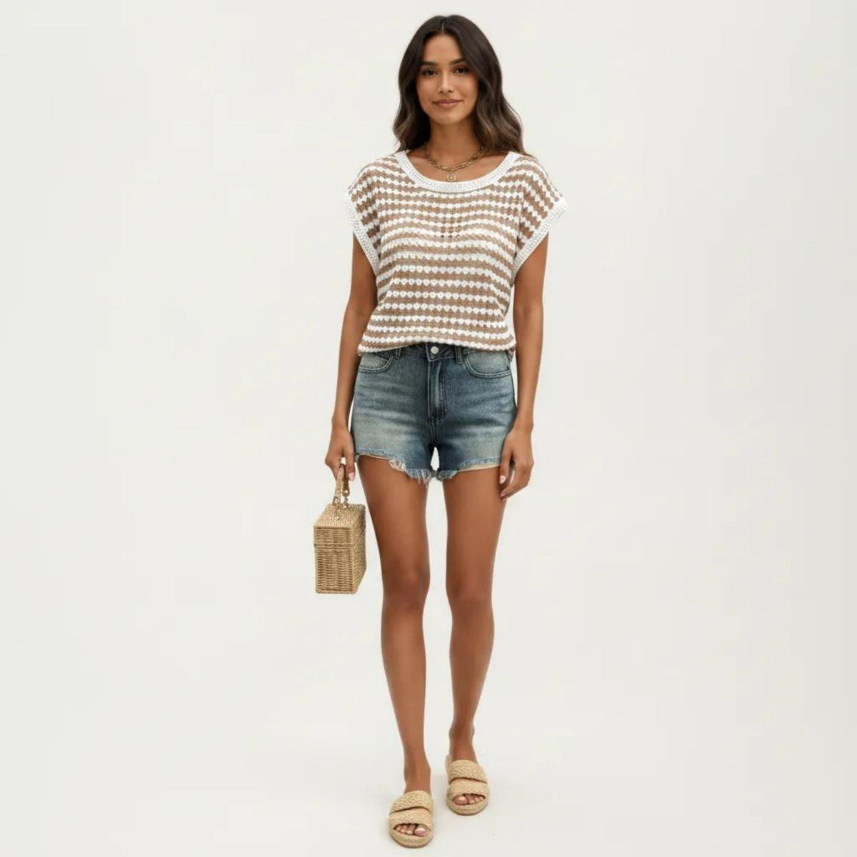 Anna-Kaci Women's Short Sleeve Striped Crochet Knit Top with Open Stitch Texture and Relaxed Fit