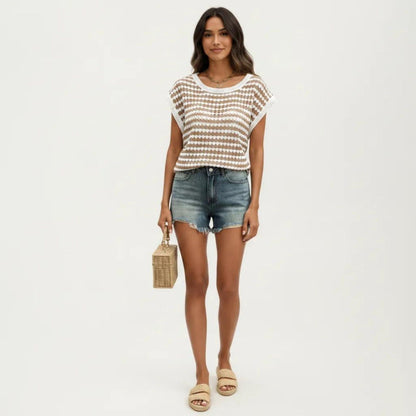 Anna-Kaci Women's Short Sleeve Striped Crochet Knit Top with Open Stitch Texture and Relaxed Fit