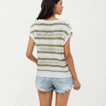 Anna-Kaci Women's Short Sleeve Striped Open Knit Top with Button Shoulder Detail and Relaxed Fit