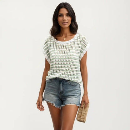 Anna-Kaci Women's Short Sleeve Striped Crochet Knit Top with Open Stitch Texture and Relaxed Fit