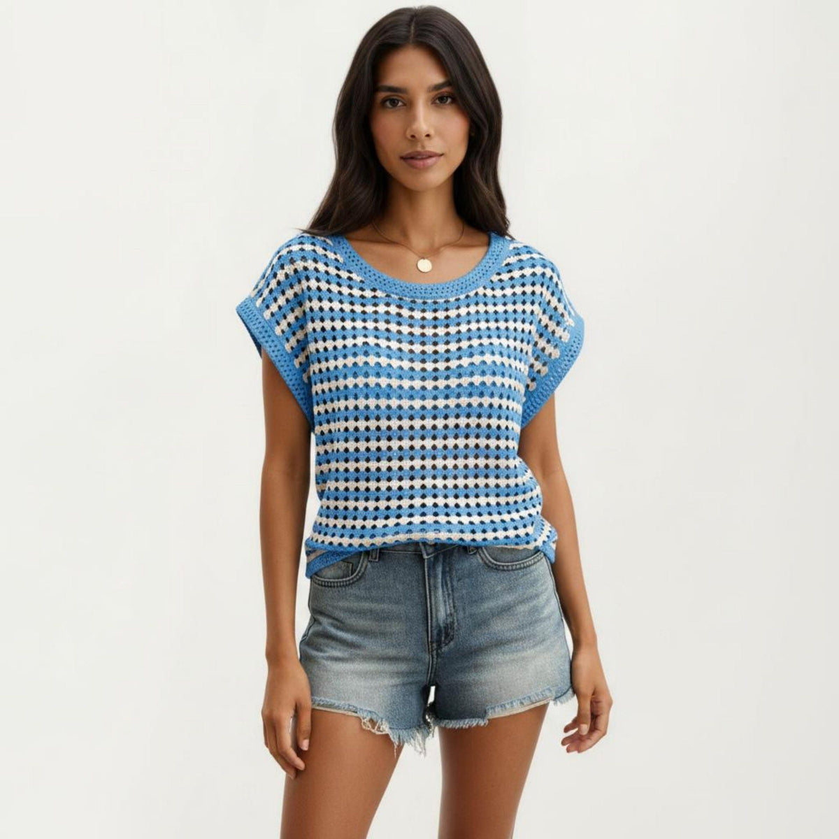 Anna-Kaci Women's Short Sleeve Striped Crochet Knit Top with Open Stitch Texture and Relaxed Fit