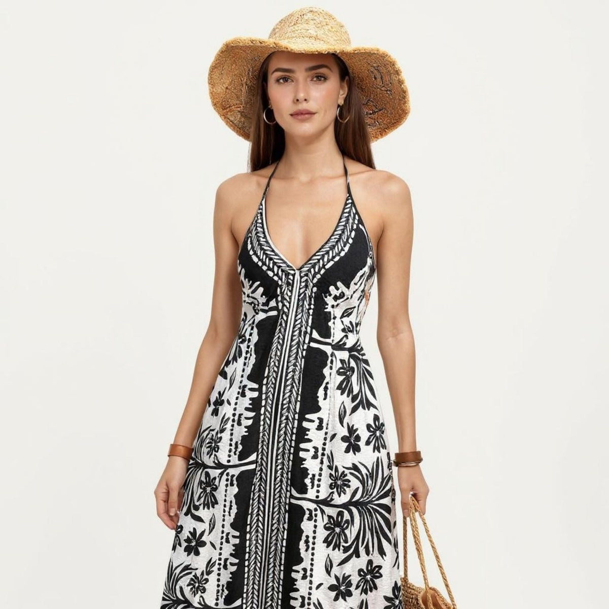 Anna-Kaci Women's Halter Neck Maxi Dress with Open Back Tie Design Flowy Printed Long Dress