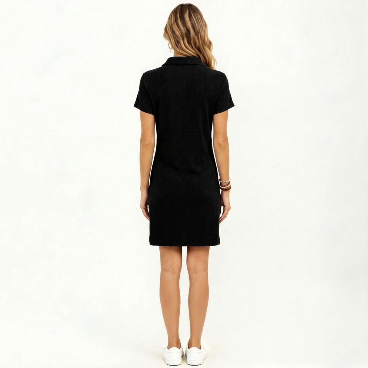 Anna-Kaci Women's Short Sleeve Collared Mini Dress with Split V Neck Textured Knit Relaxed Fit Casual Dress