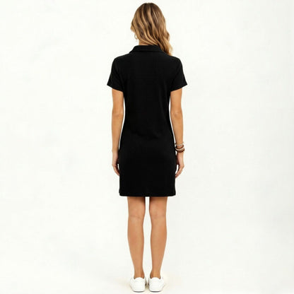 Anna-Kaci Women's Short Sleeve Collared Mini Dress with Split V Neck Textured Knit Relaxed Fit Casual Dress