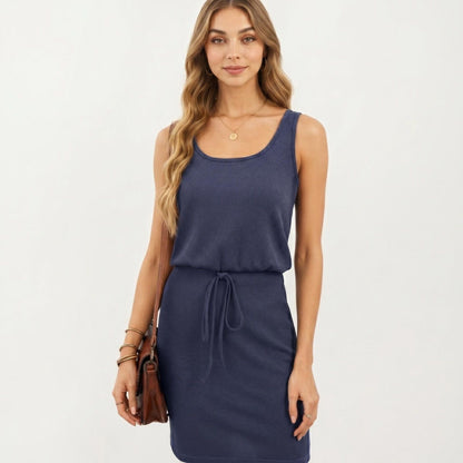 Anna-Kaci Women's Sleeveless Tank Dress with Scoop Neck Adjustable Drawstring Waist Fitted Casual Mini Dress