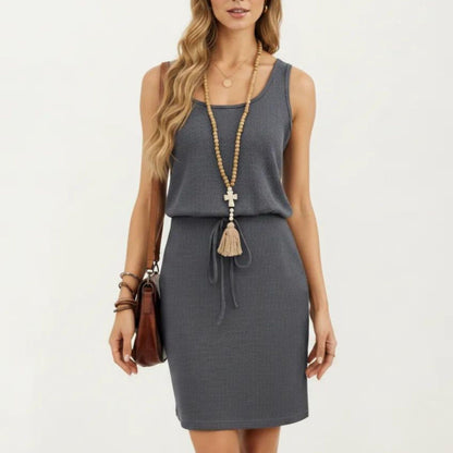 Anna-Kaci Women's Sleeveless Tank Dress with Scoop Neck Adjustable Drawstring Waist Fitted Casual Mini Dress