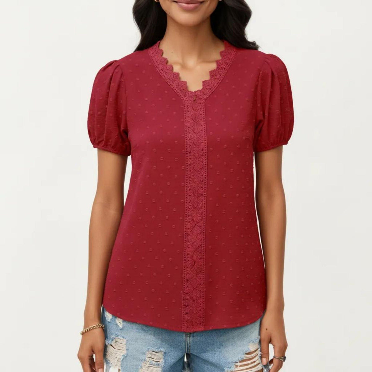 Anna-Kaci Women's Short Sleeve Swiss Dot Top with Lace Trim V-Neck and Puff Sleeves