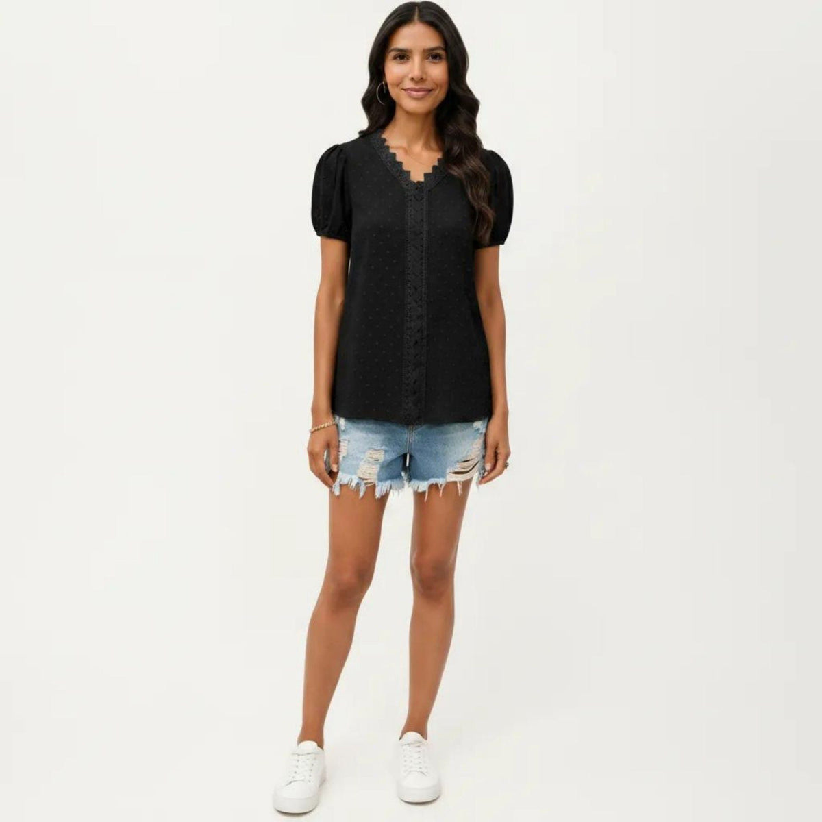 Anna-Kaci Women's Short Sleeve Swiss Dot Top with Lace Trim V-Neck and Puff Sleeves