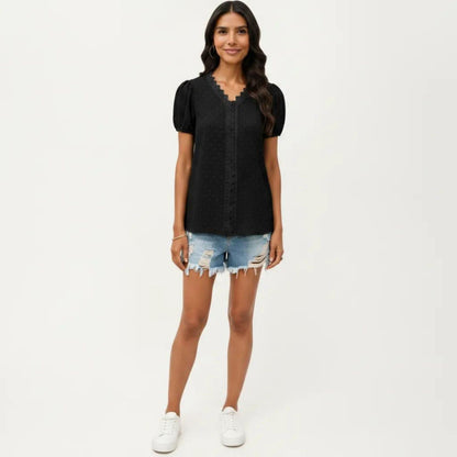 Anna-Kaci Women's Short Sleeve Swiss Dot Top with Lace Trim V-Neck and Puff Sleeves
