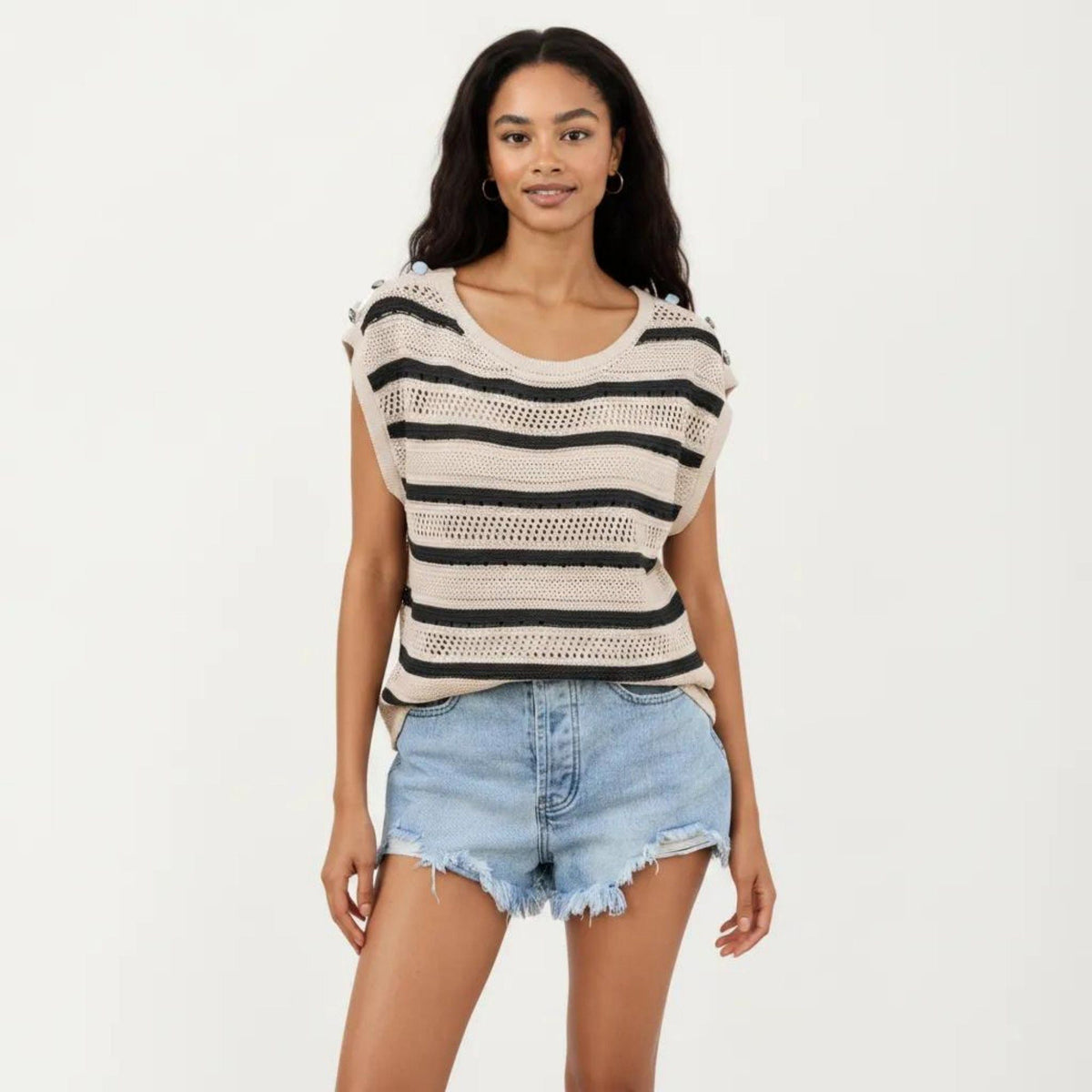 Anna-Kaci Women's Short Sleeve Striped Open Knit Top with Button Shoulder Detail and Relaxed Fit