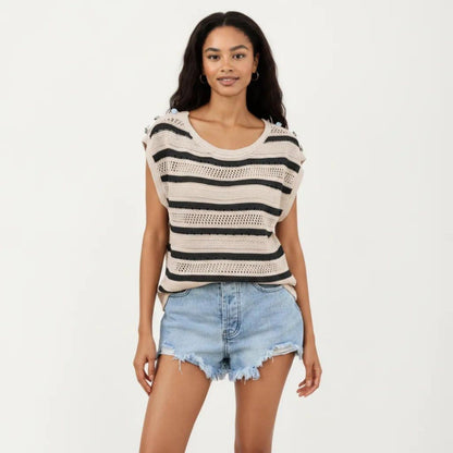 Anna-Kaci Women's Short Sleeve Striped Open Knit Top with Button Shoulder Detail and Relaxed Fit