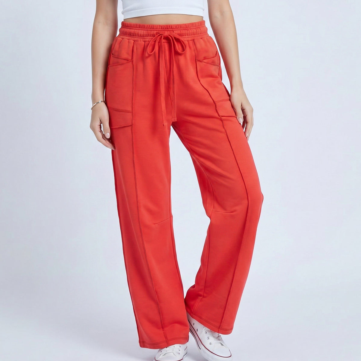 Anna-Kaci Women's High Rise Drawstring Wide Leg Utility Pants with Patch Pockets
