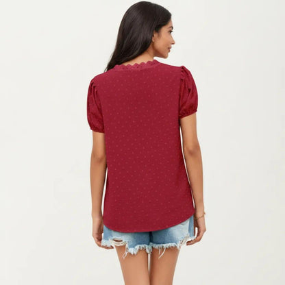 Anna-Kaci Women's Short Sleeve Swiss Dot Top with Lace Trim V-Neck and Puff Sleeves