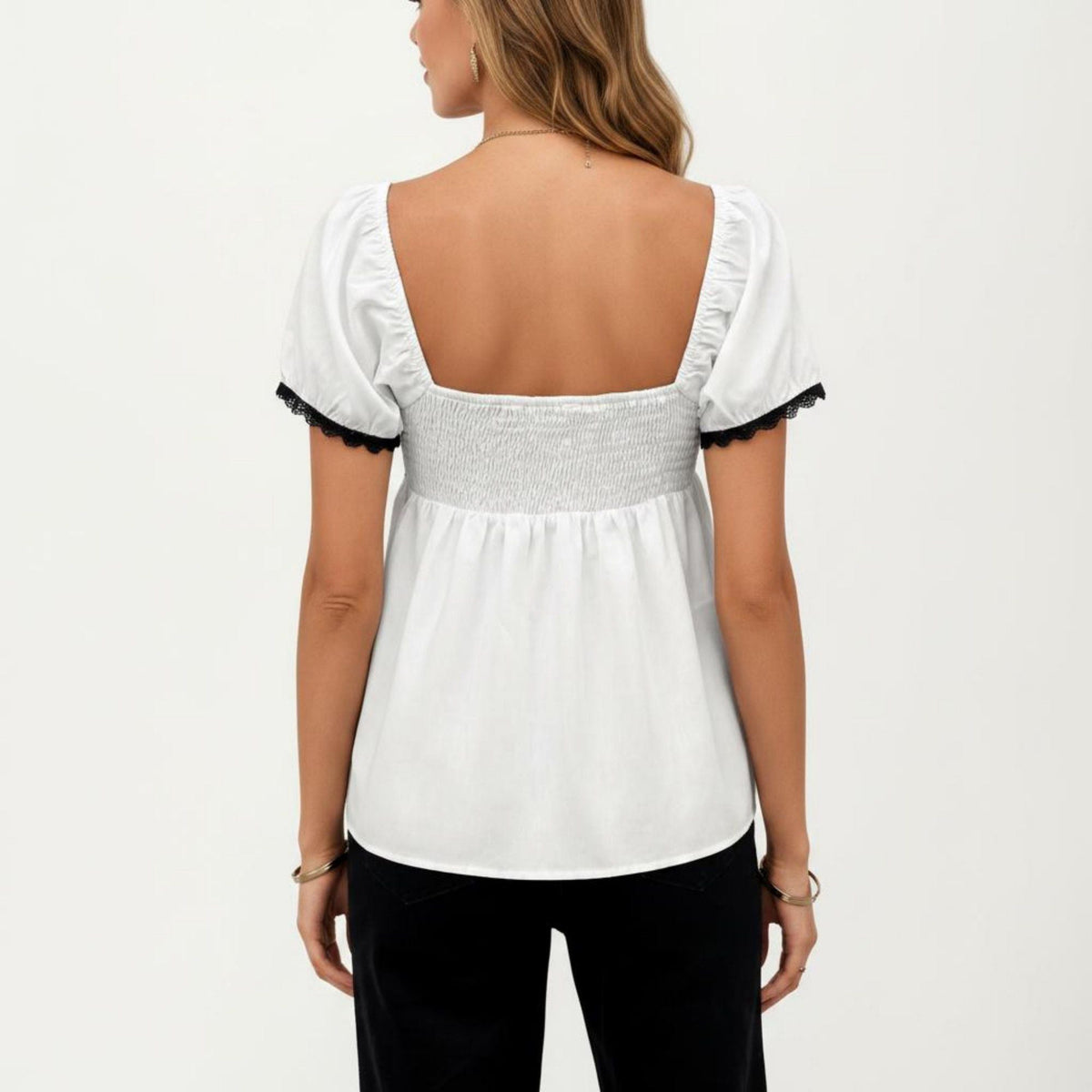 Anna-Kaci Women's French Style Lace Trim Puff Sleeve Empire Waist Blouse