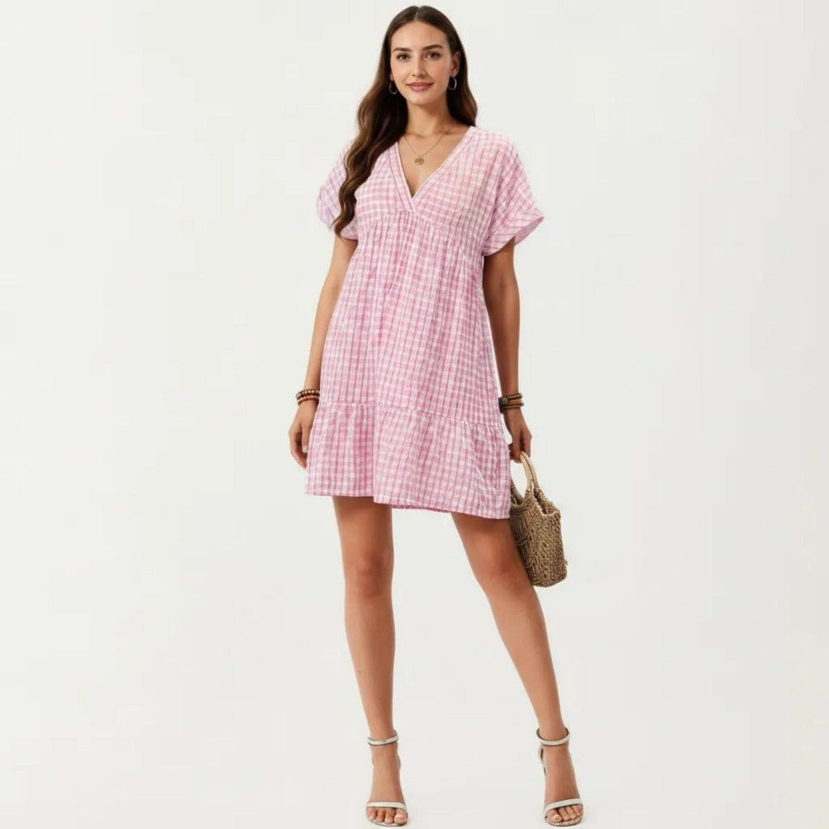 Anna-Kaci Women's Short Sleeve V Neck Plaid Mini Dress with Tiered Hem Loose Fit Casual Lightweight Summer Dress