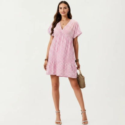 Anna-Kaci Women's Short Sleeve V Neck Plaid Mini Dress with Tiered Hem Loose Fit Casual Lightweight Summer Dress