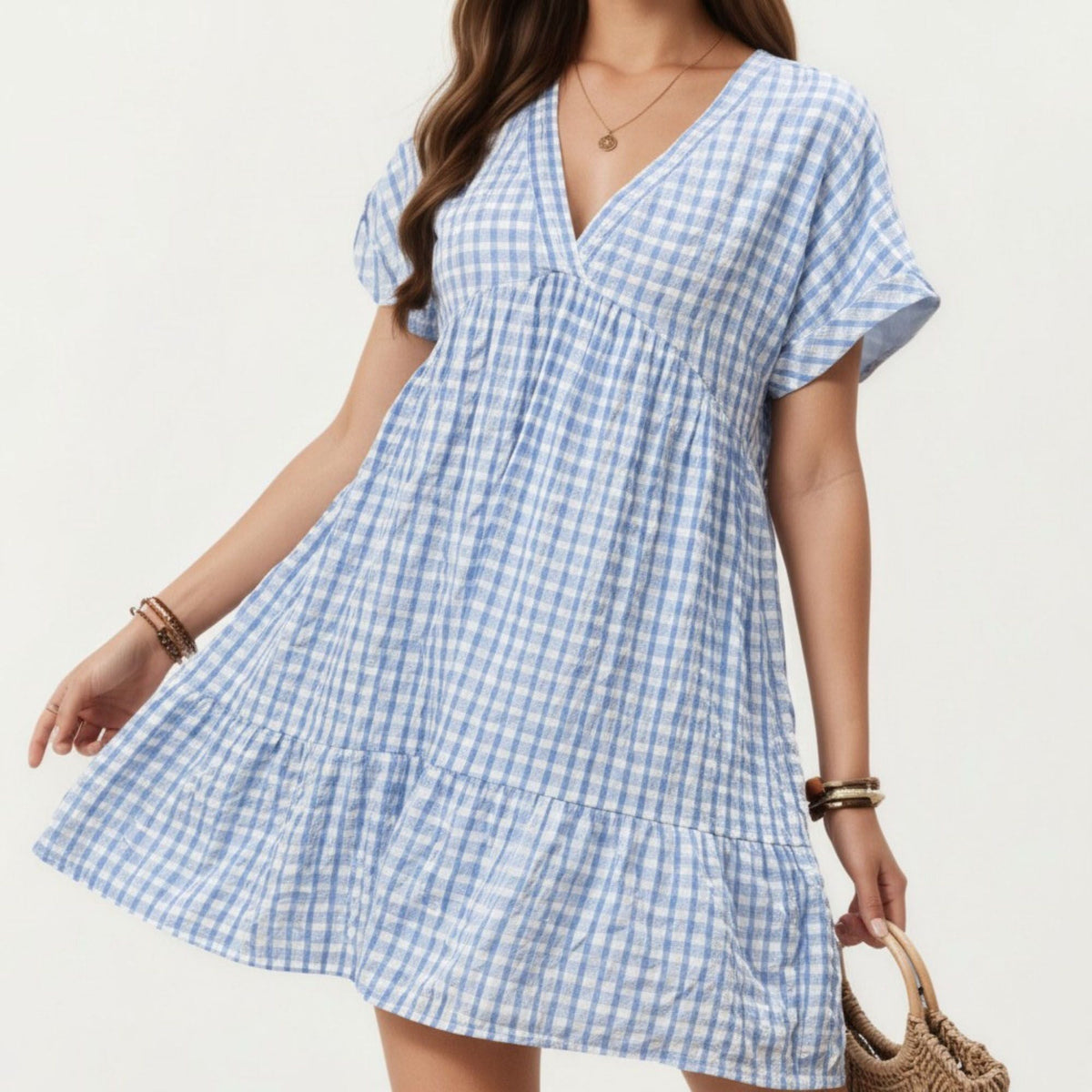 Anna-Kaci Women's Short Sleeve V Neck Plaid Mini Dress with Tiered Hem Loose Fit Casual Lightweight Summer Dress