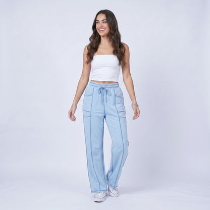 Anna-Kaci Women's High Rise Drawstring Wide Leg Utility Pants with Patch Pockets