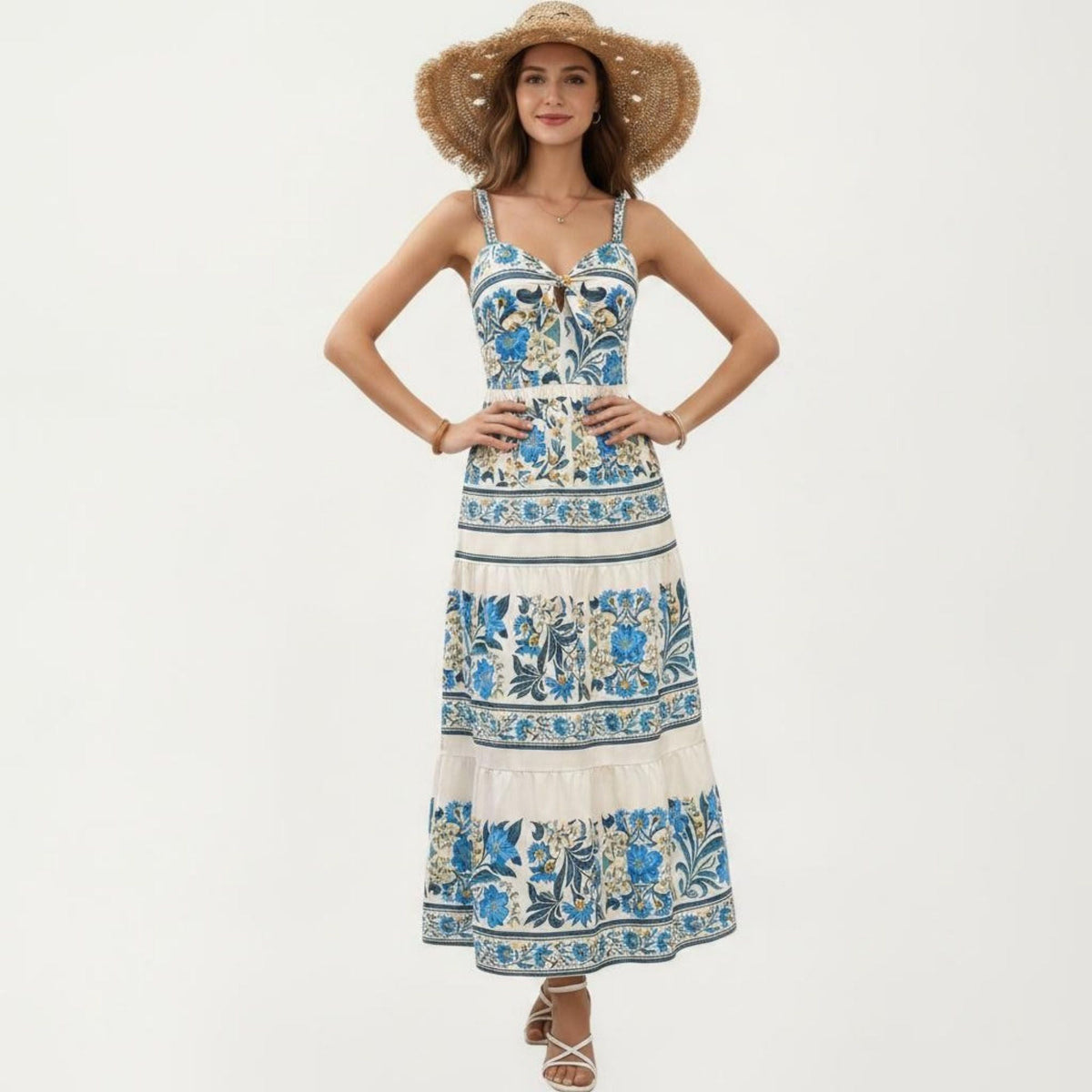 Anna-Kaci Women's Sleeveless Maxi Dress with Adjustable Straps Tiered Skirt Printed Design Flowy Fit
