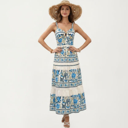 Anna-Kaci Women's Sleeveless Maxi Dress with Adjustable Straps Tiered Skirt Printed Design Flowy Fit
