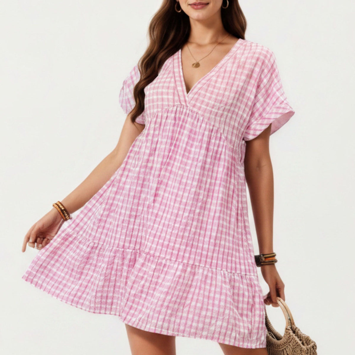 Anna-Kaci Women's Short Sleeve V Neck Plaid Mini Dress with Tiered Hem Loose Fit Casual Lightweight Summer Dress