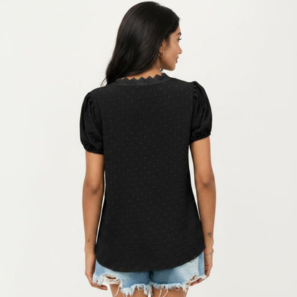 Anna-Kaci Women's Short Sleeve Swiss Dot Top with Lace Trim V-Neck and Puff Sleeves