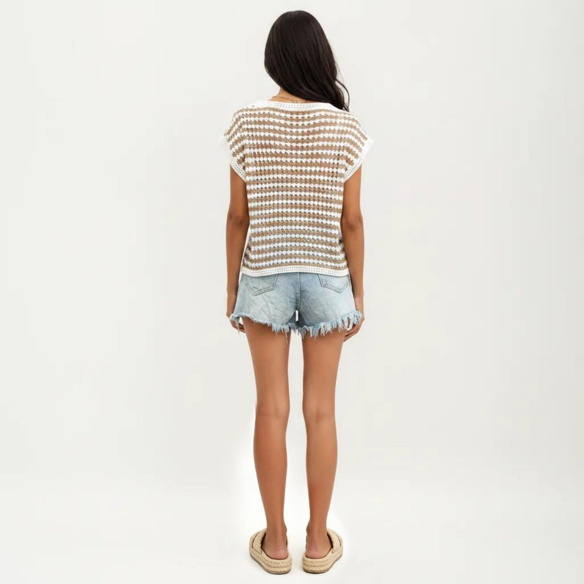 Anna-Kaci Women's Short Sleeve Striped Crochet Knit Top with Open Stitch Texture and Relaxed Fit