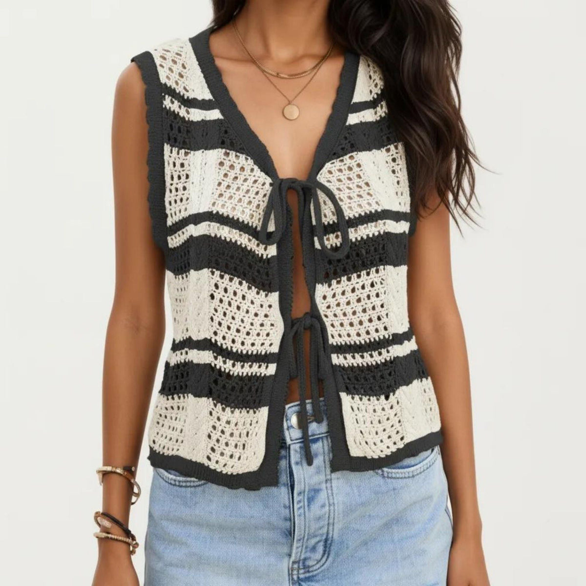 Anna-Kaci Women's Sleeveless Striped Crochet Knit Vest with Tie Front and Open Stitch Design