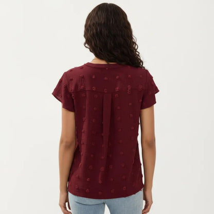 Anna-Kaci Women's Short Sleeve Swiss Dot Top with Split Neckline and Soft Textured Fabric