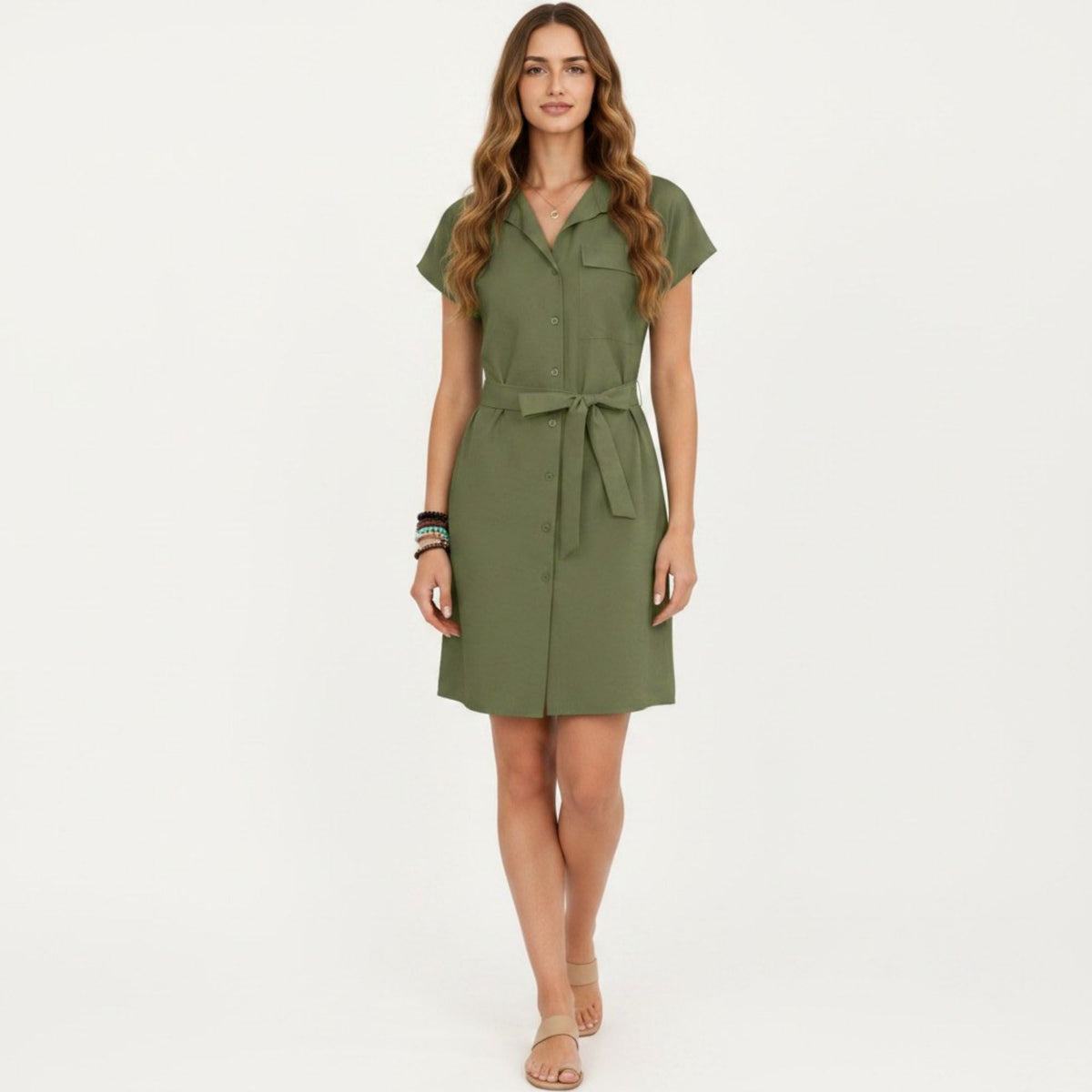 Anna-Kaci Women's Short Sleeve Button Front Shirt Dress with Collared Neckline and Adjustable Waist Tie
