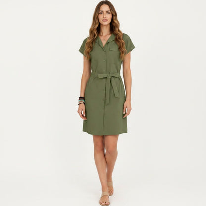 Anna-Kaci Women's Short Sleeve Button Front Shirt Dress with Collared Neckline and Adjustable Waist Tie