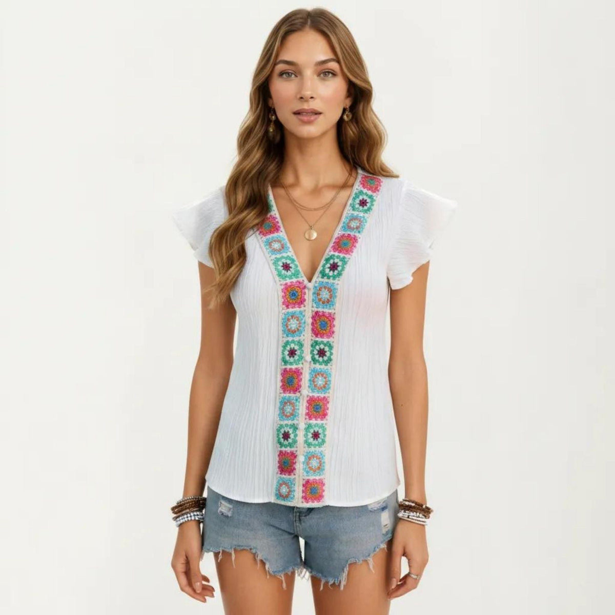 Anna-Kaci Women's Boho Embroidered V-Neck Flutter Sleeve Textured Blouse