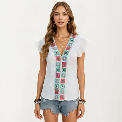 Anna-Kaci Women's Boho Embroidered V-Neck Flutter Sleeve Textured Blouse