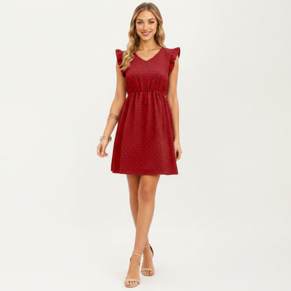 Anna-Kaci Women's Swiss Dot Babydoll Dress with Ruffle Sleeves and V-Neckline